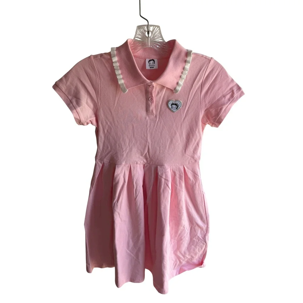 Betty Boop Girls Pink Polo Dress Ruffle Collar Pleated Skirt Size 140 2022